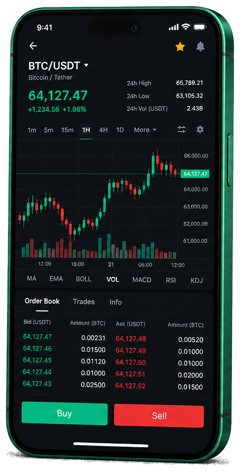 Interface mobile de trading Elidoro — cotations BTC/USDT en temps réel, carnet d’ordres et outils de suivi des opérations